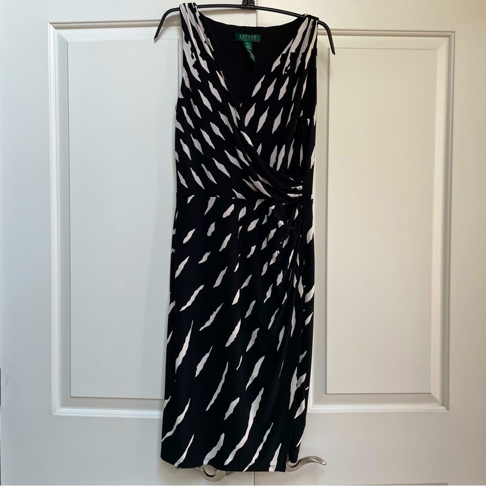 Lauren Ralph Lauren Black White A Line Wrap Stretch Lined V Neck Lined Dress